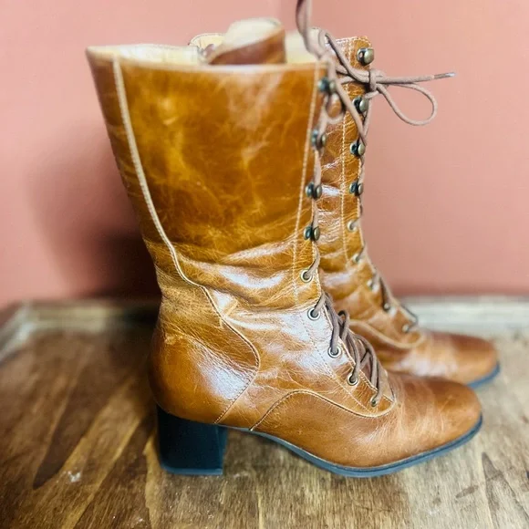 Naturalizer Tan Leather Lace-Up Heeled Boots - Picture 2 of 5